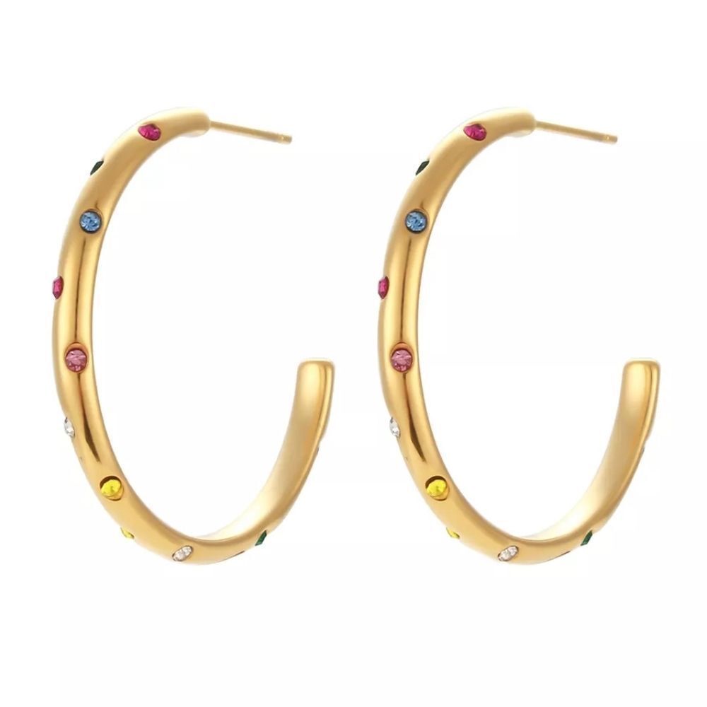 Rainbow Cubic Zirconia 18k Gold Plated Stainless Steel Statement Hoop Earrings